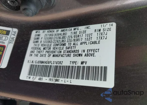 2015 Honda Cr-V Ex from USA, damaged, VIN 5J6RM4H56FL018362